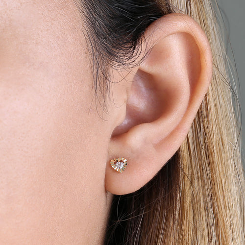 Solid 14K Yellow Gold Ridged Heart Round Clear CZ Earrings