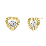 Solid 14K Yellow Gold Ridged Heart Round Clear CZ Earrings