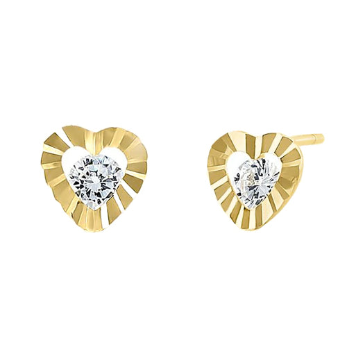 Solid 14K Yellow Gold Ridged Heart Round Clear CZ Earrings