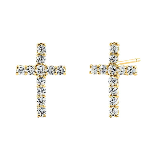 Solid 14K Yellow Gold Cross CZ Earrings