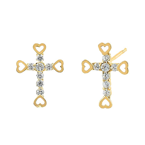 Solid 14K Yellow Gold Heart Cross Clear CZ Earrings