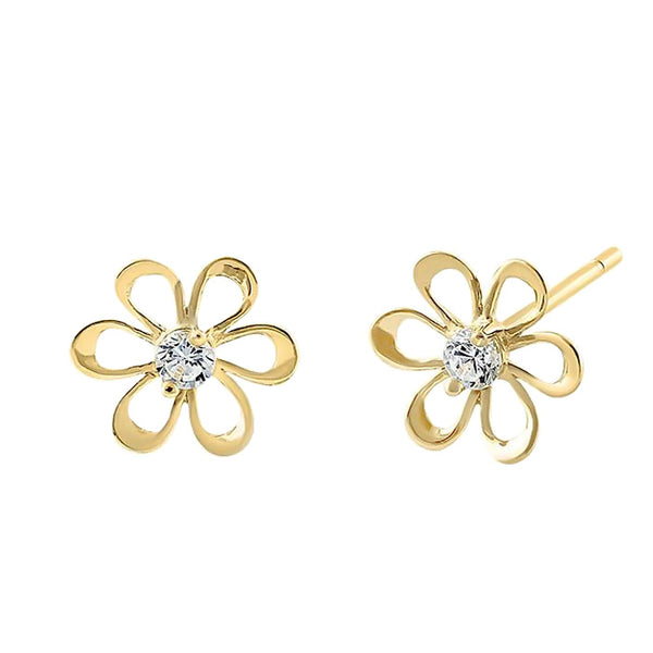 Solid 14K Yellow Gold Retro Flower Clear CZ Earrings