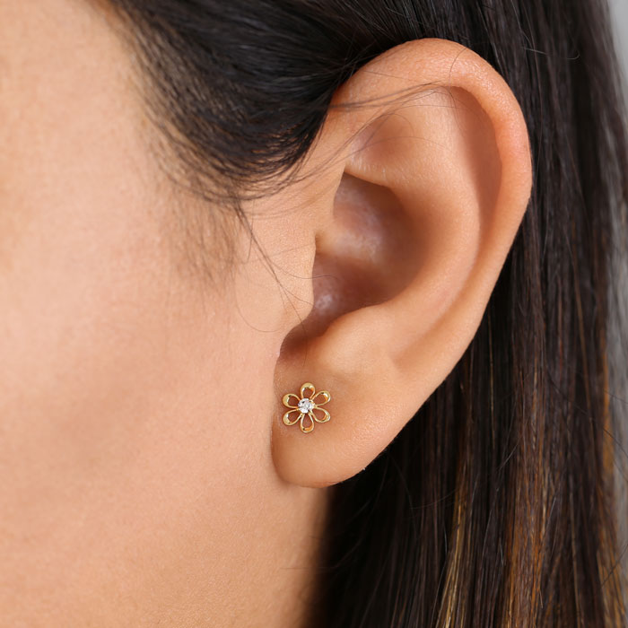 Solid 14K Yellow Gold Retro Flower Clear CZ Earrings