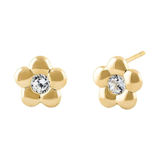 Solid 14K Yellow Gold Simple Flower Clear CZ Earrings