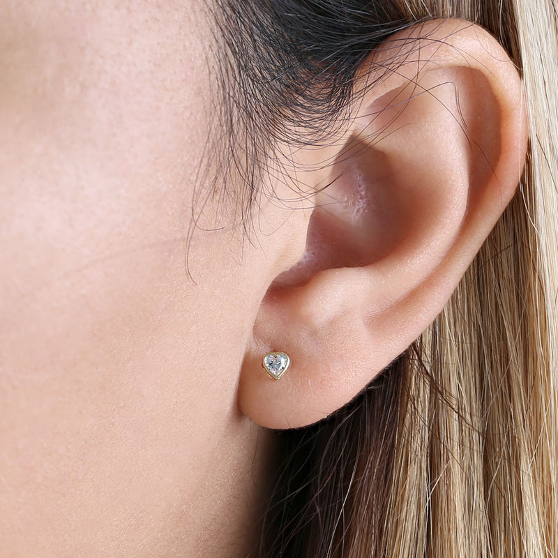 Solid 14K Yellow Gold 3MM Heart Cut Clear CZ Earrings