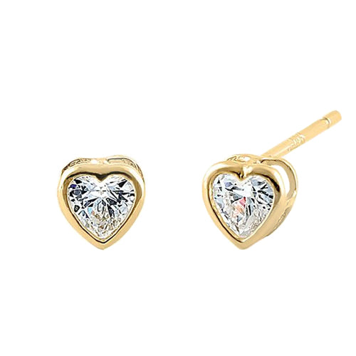 Solid 14K Yellow Gold 3MM Heart Cut Clear CZ Earrings