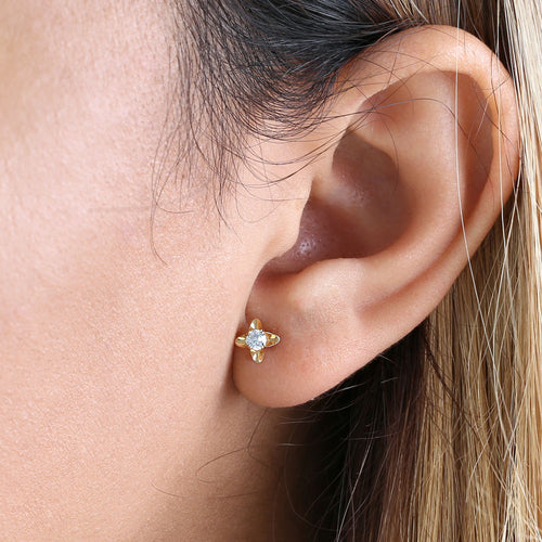 Solid 14K Yellow Gold Pinwheel Flower Clear CZ Earrings