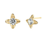 Solid 14K Yellow Gold Pinwheel Flower Clear CZ Earrings