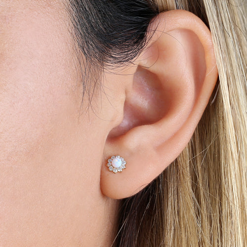 Solid 14K Yellow Gold Round White Lab Opal & Clear CZ Earrings