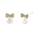 Solid 14K Yellow Gold Bow & Pearl Clear CZ Earrings