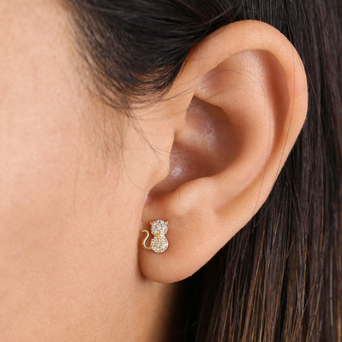 Solid 14K Yellow Gold Cat Clear CZ Earrings