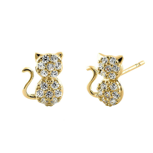 Solid 14K Yellow Gold Cat Clear CZ Earrings