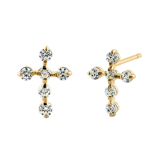 Solid 14K Yellow Gold Cross Clear CZ Earrings