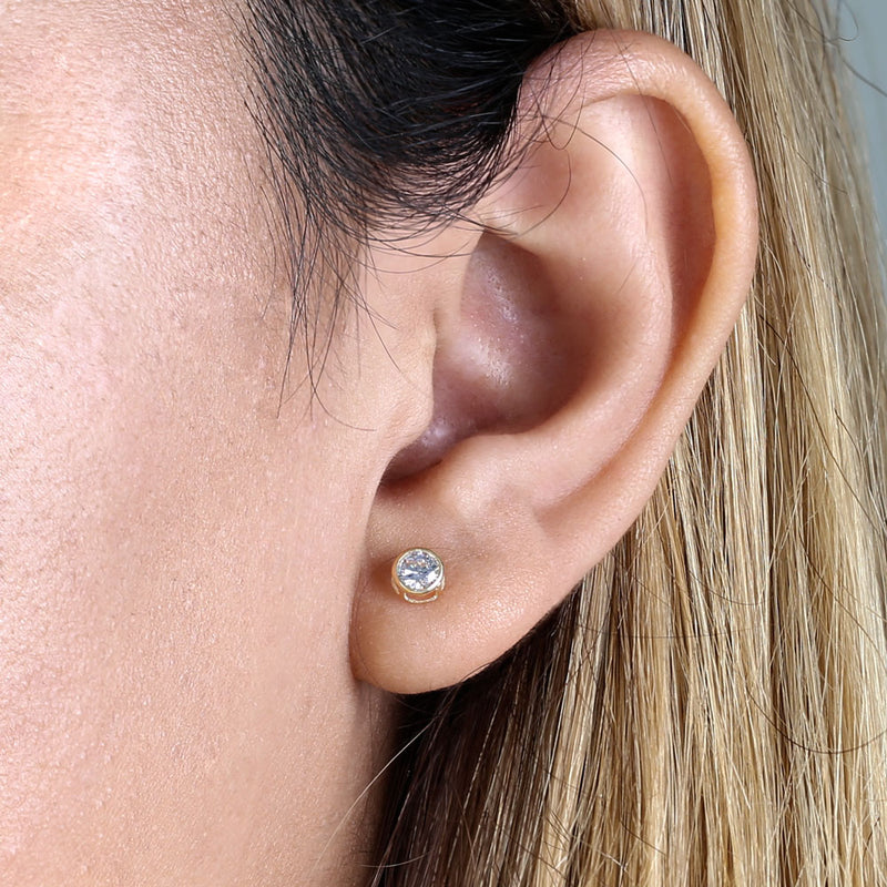 Solid 14K Yellow Gold 4mm Round Cut Clear CZ Earrings