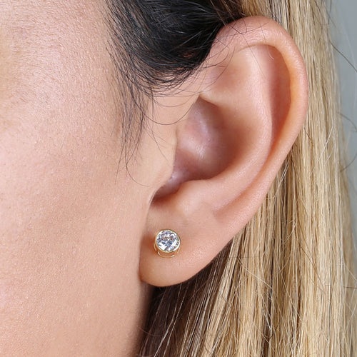 Solid 14K Yellow Gold 5mm Round Cut Clear CZ Earrings