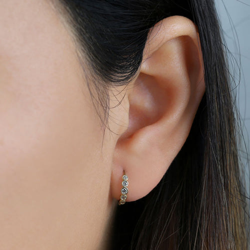 Solid 14K Yellow Gold 1mm x 12.3mm Round Clear CZ Hoop Earrings