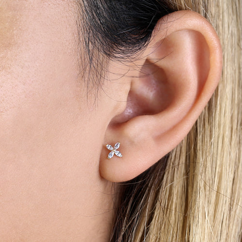 Solid 14K Yellow Gold Flower Marquise CZ Stud Earrings