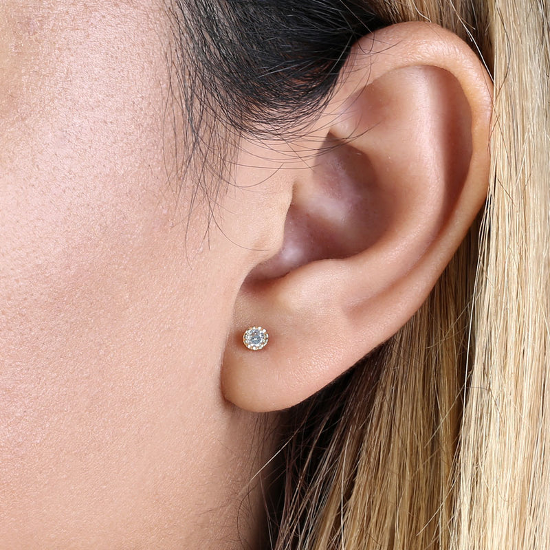 Solid 14K Yellow Gold 3mm Round CZ Beaded Stud Earrings
