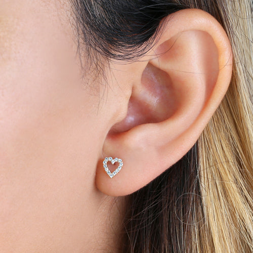 Solid 14K Yellow Gold CZ Heart Stud Earrings