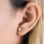Solid 14K Yellow Gold White Lab Opal and Clear CZ Halo Oval Stud Earrings