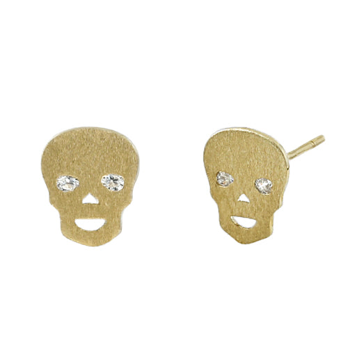 Solid 14K Yellow Gold Brushed Skull with Clear CZ Eyes Stud Earrings