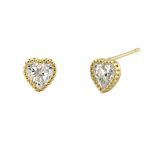 Solid 14K Yellow Gold Clear CZ Beaded Heart Stud Earrings