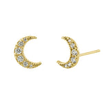 Solid 14K Yellow Gold Crescent Moon Clear CZ Stud Earrings