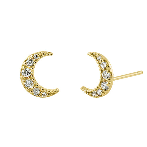Solid 14K Yellow Gold Crescent Moon Clear CZ Stud Earrings