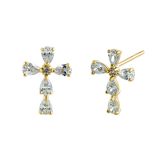 Solid 14K Yellow Gold Drop CZ Cross Earrings