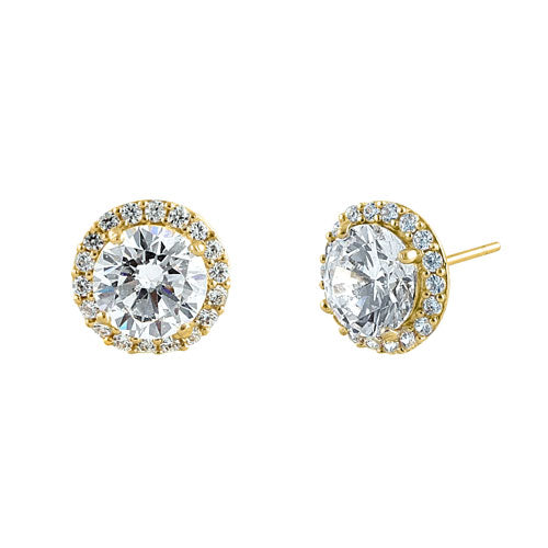 Solid 14K Yellow Gold Elegant Halo CZ Earrings