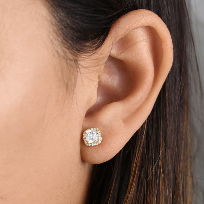 Solid 14K Yellow Gold Cushion Halo CZ Earrings