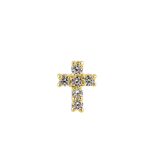 Solid 14K Yellow Gold Cross CZ Nose Stud