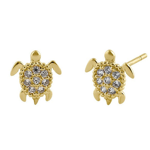 Solid 14K Yellow Gold Sea Turtle CZ Earrings