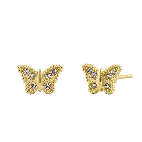 Solid 14K Yellow Gold Butterfly CZ Earrings