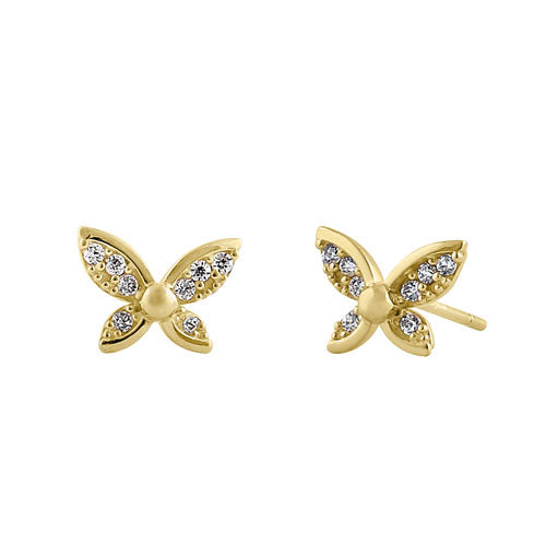 Solid 14K Yellow Gold Simple Flower Butterfly CZ Earrings