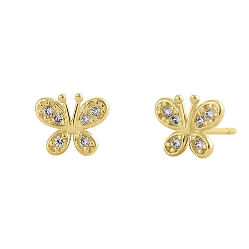 Solid 14K Yellow Gold Round Aurore Butterfly CZ Earrings
