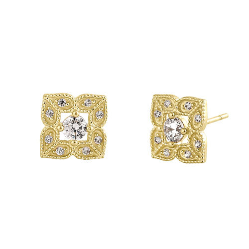 Solid 14K Yellow Gold Vintage Flower CZ Earrings