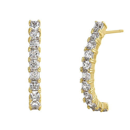 Solid 14K Yellow Gold Curved Line CZ Earrings
