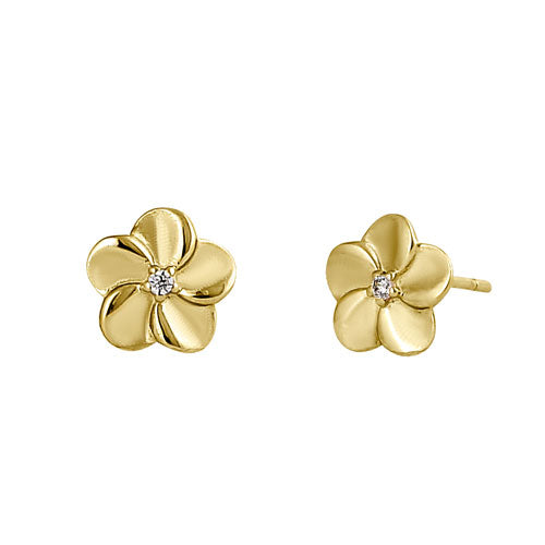 Solid 14K Yellow Gold Plumeria CZ Earrings