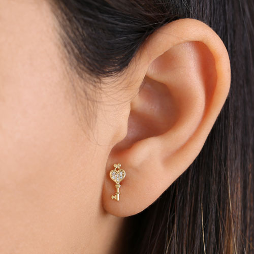 Solid 14K Yellow Gold Key to my Heart CZ Earrings