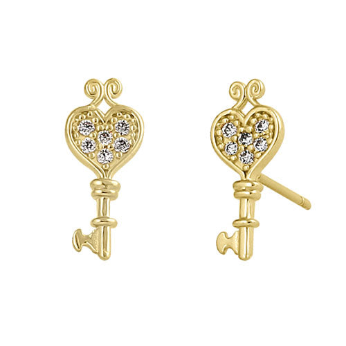 Solid 14K Yellow Gold Key to my Heart CZ Earrings