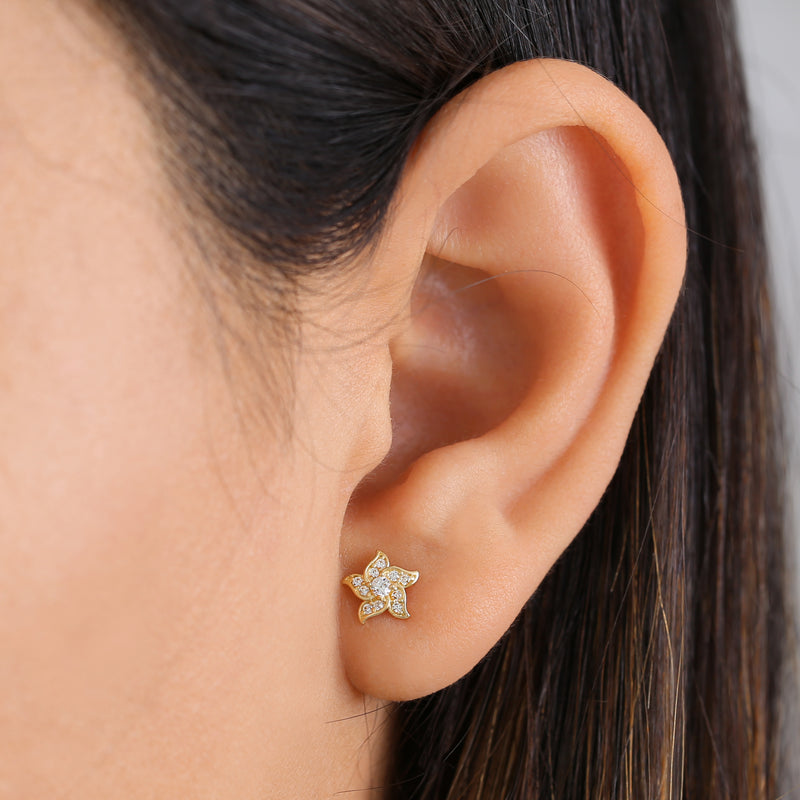 Solid 14K Gold Blowing Flower with CZ Earrings