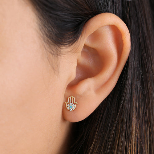 Solid 14K Yellow Gold Hamsa Blue Topaz & Clear Round CZ Earrings