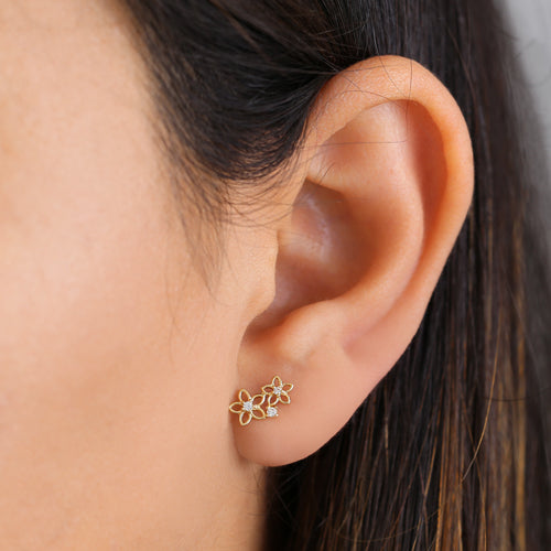 Solid 14K Yellow Gold Blooming Flowers Clear Round CZ Earrings