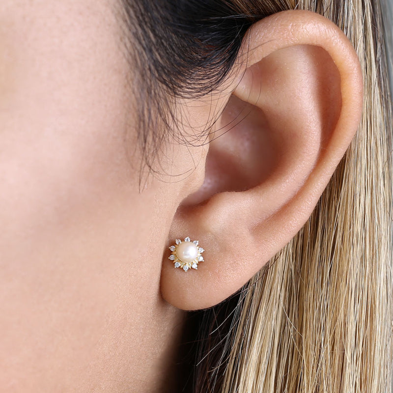 Solid 14K Gold Sun Flower Fresh Water Pearl and CZ Earrings