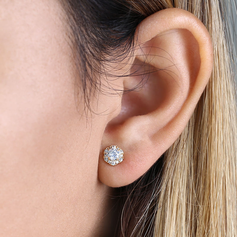 Solid 14K Yellow Gold Flower Halo Round CZ Earrings