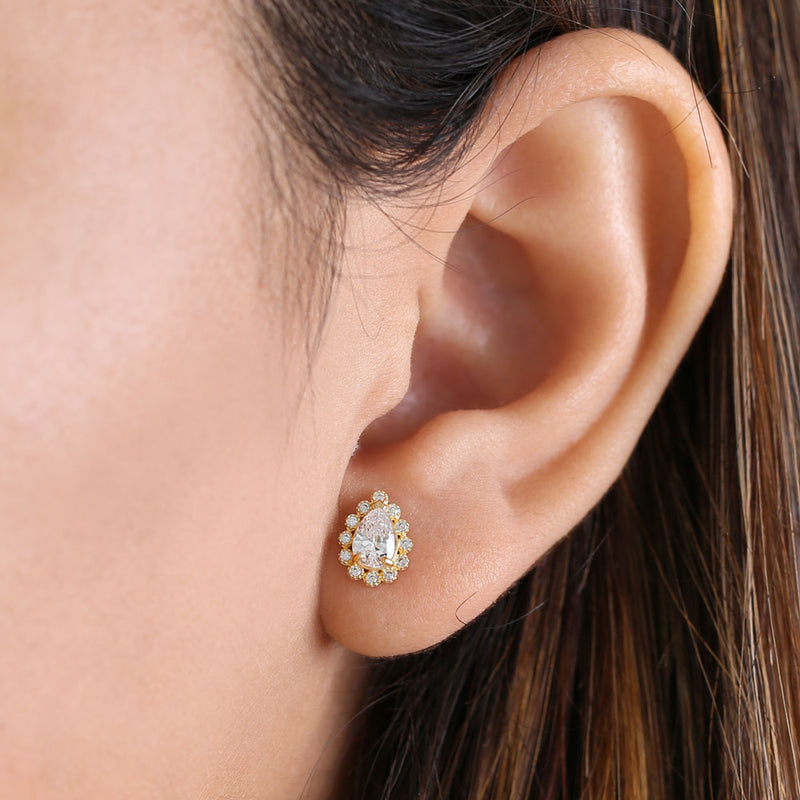 Solid 14K Yellow Gold Halo Pear Cut CZ Earrings