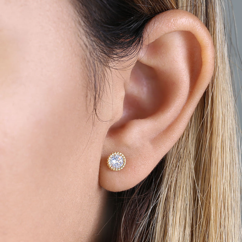 Solid 14K Yellow Gold Simple Round CZ Earrings