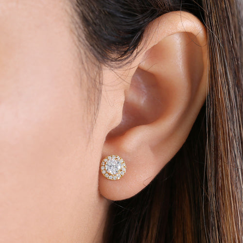 Solid 14K Yellow Gold Simple Halo Round CZ Earrings