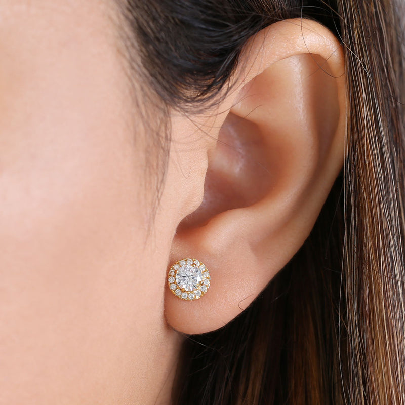 Solid 14K Yellow Gold Simple Halo Round CZ Earrings